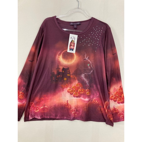 Gloria Vanderbilt Tops - New Gloria Vanderbilt Halloween Tee XL Purple Black Cat Pumpkins Spiderweb